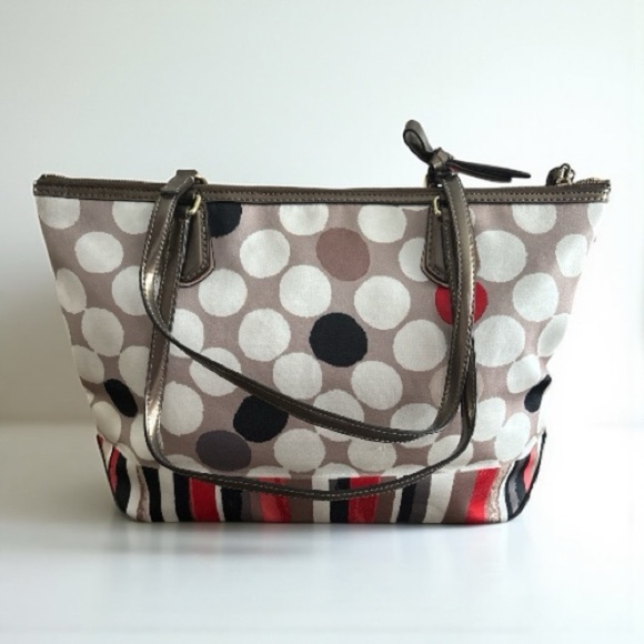 Coach Dot and Stripe Shoulder Bag - Brown, Red, White - Picture 2 of 9